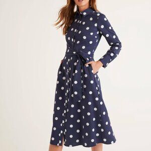 Boden Isadora Midi French Navy White Polka Dot Shirt Dress, 6